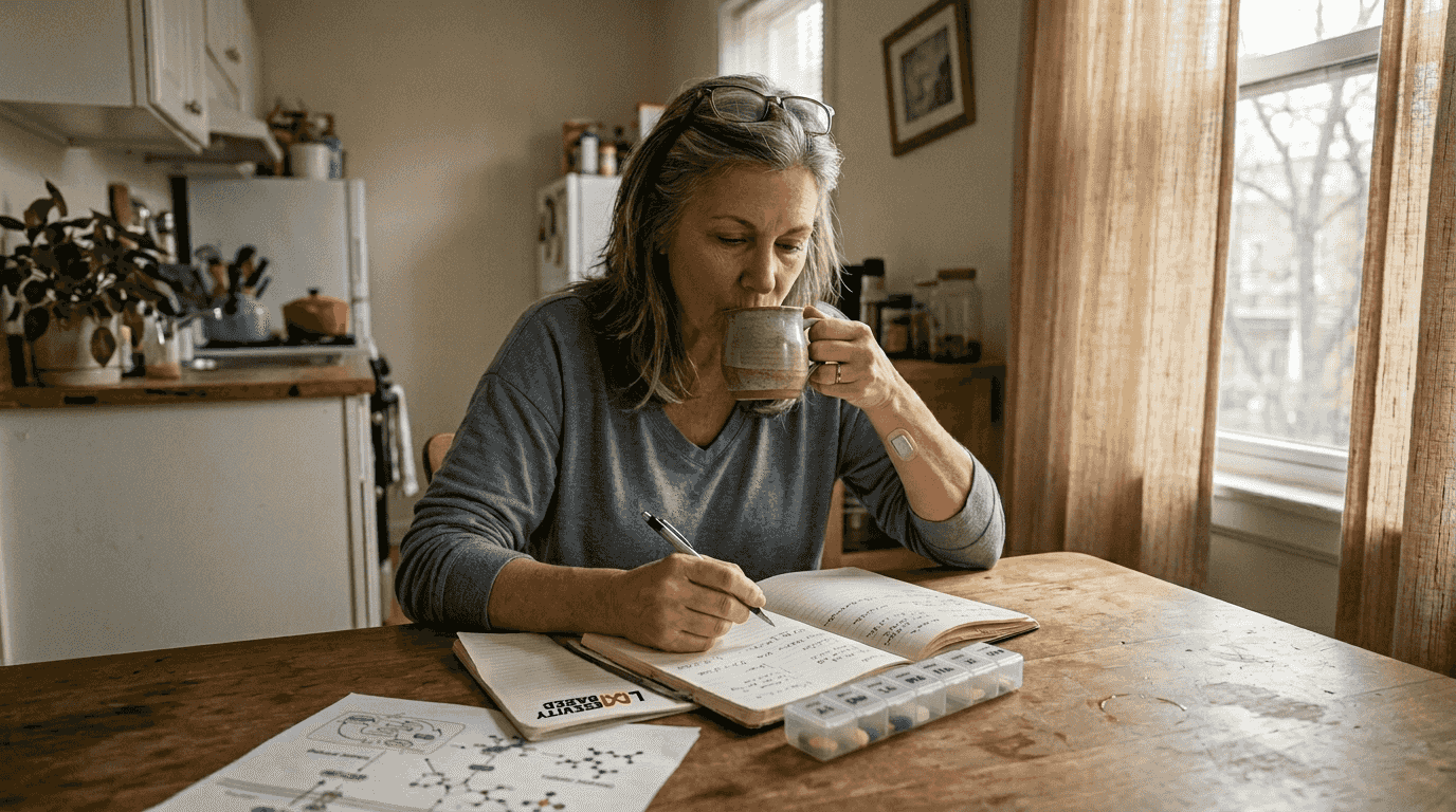 Woman organizing senolytic therapy medication