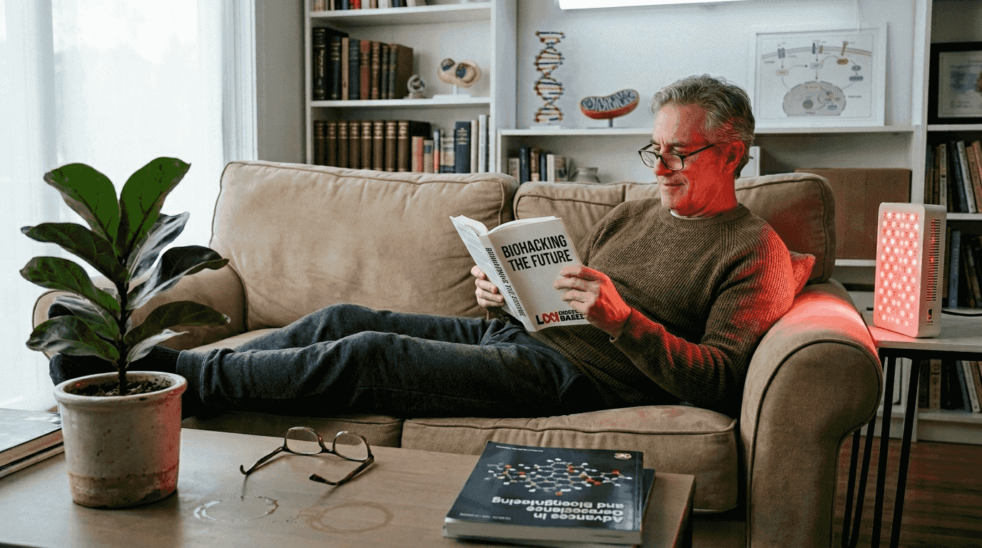 Man using red light therapy device at home