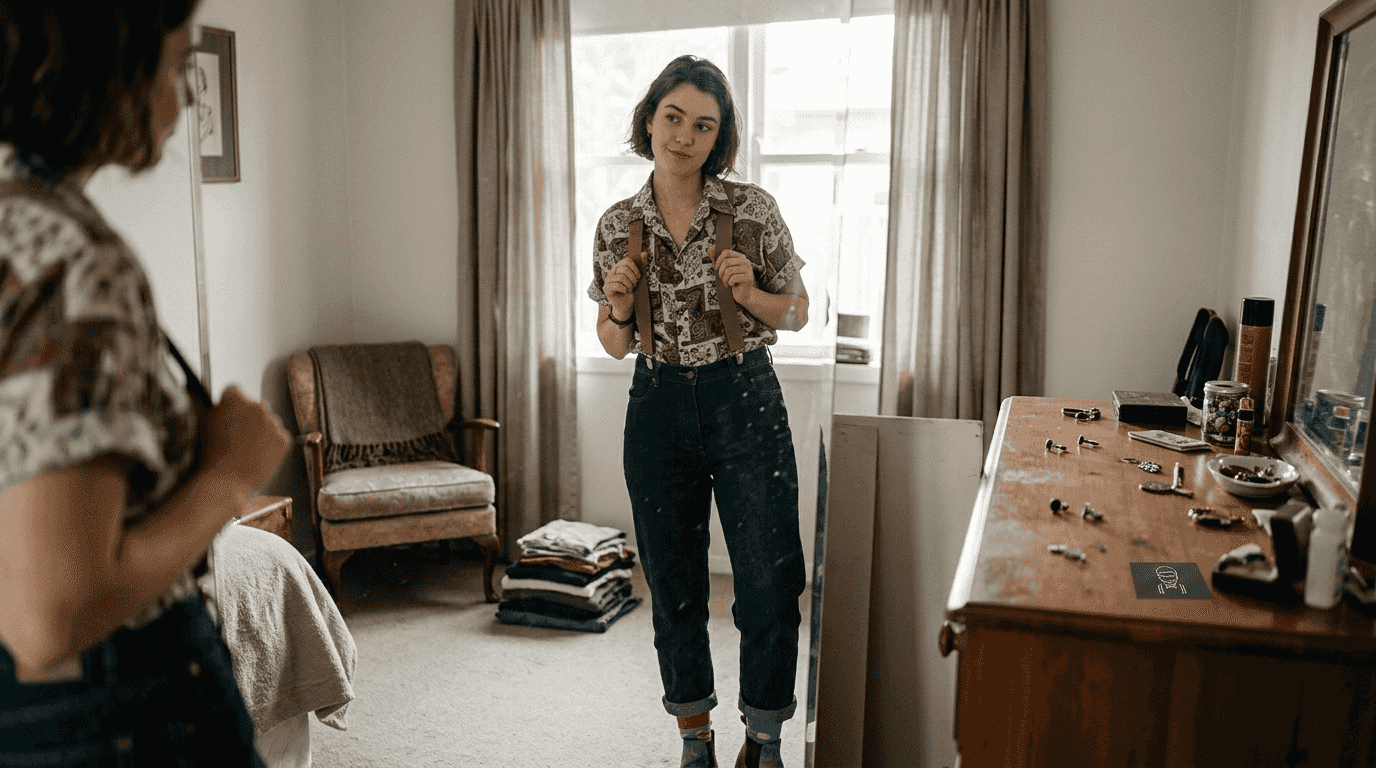 Woman adjusting suspenders in bedroom mirror
