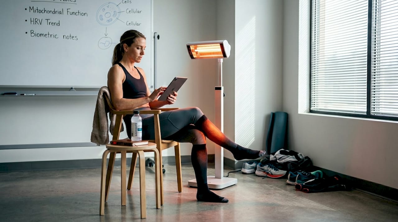 Athlete applies heat therapy in rehab studio