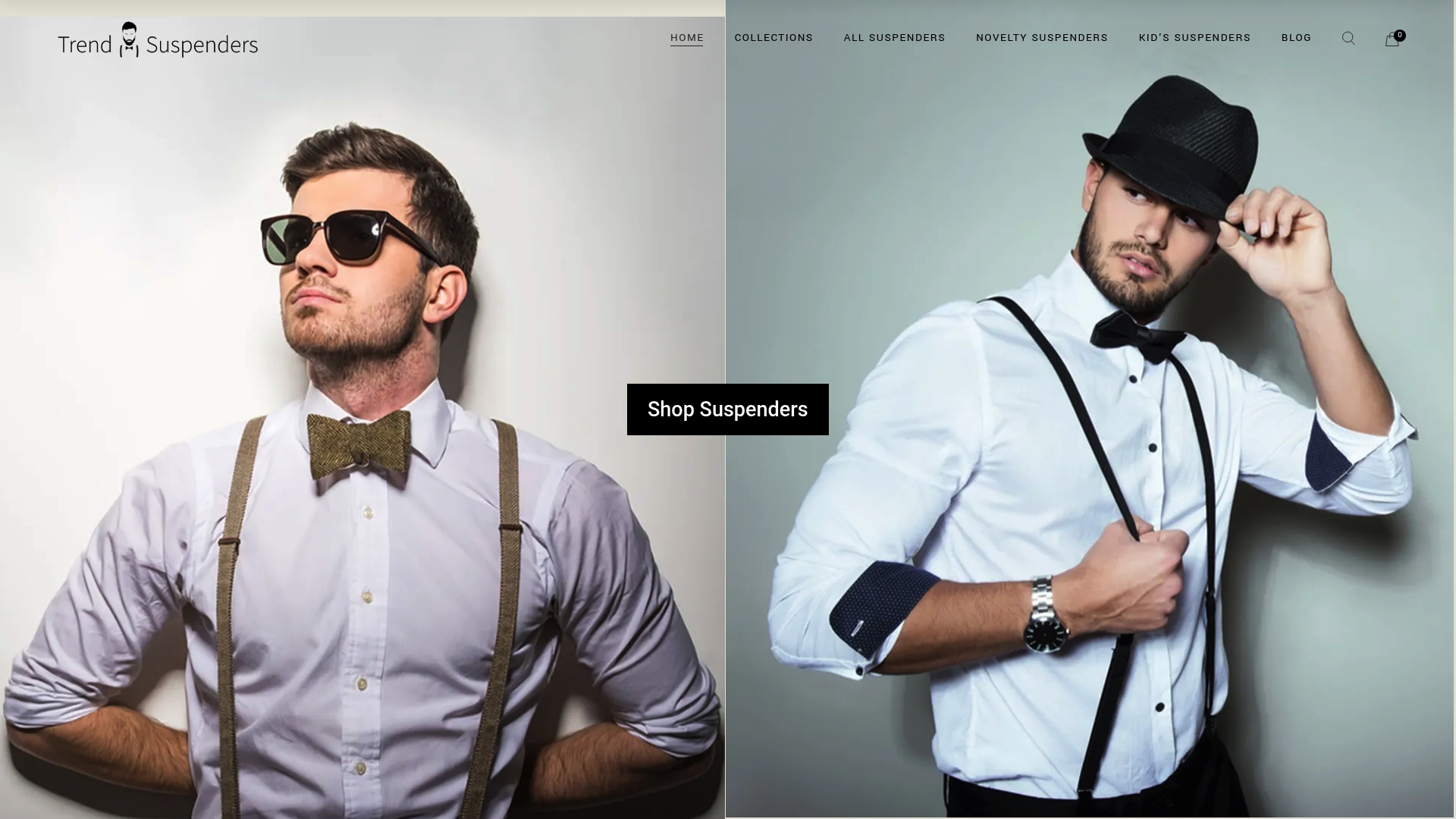 Trend Suspenders homepage hero showing two men wearing brown leather and black suspenders, with a Shop Suspenders button.