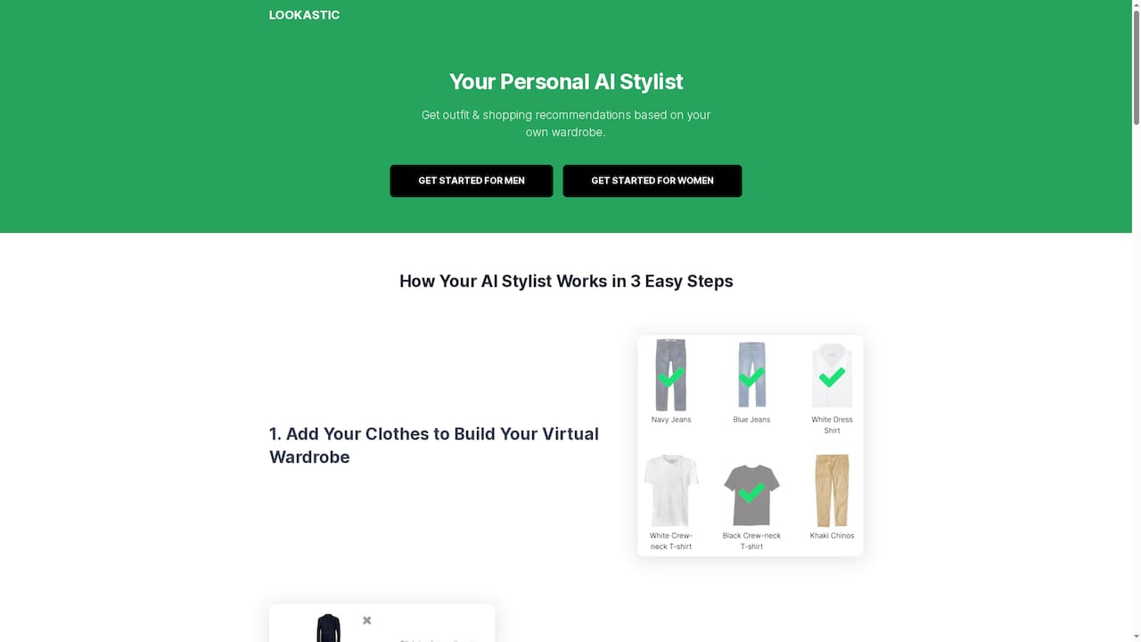Lookastic homepage promoting its personal AI stylist, with Get Started buttons for women and men above a three step explanation of how it builds a virtual wardrobe.