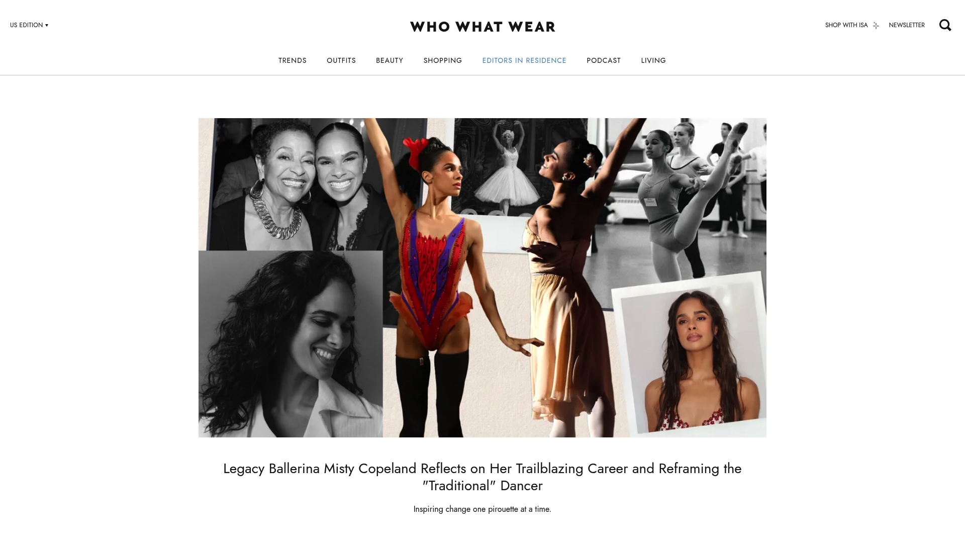 Who What Wear homepage featuring a profile of ballerina Misty Copeland above a collage of dancers.