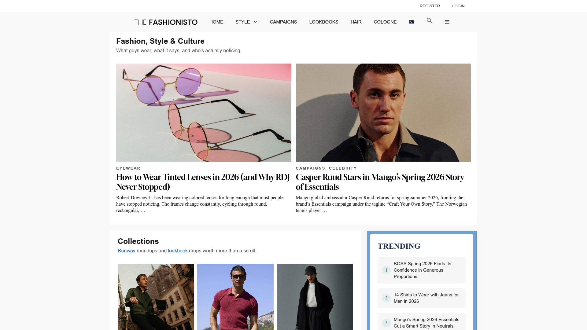 The Fashionisto homepage showing its Fashion, Style and Culture section with featured articles on tinted lenses and a spring campaign, next to a trending sidebar.
