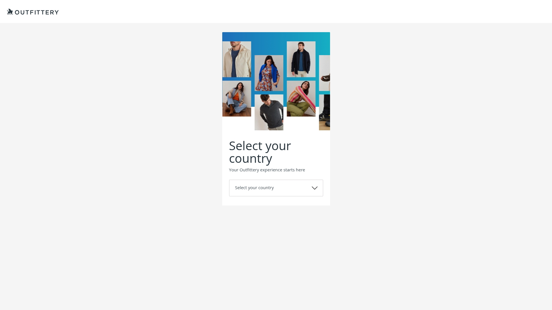 Outfittery landing page asking visitors to select their country, beside a collage of styled outfits.
