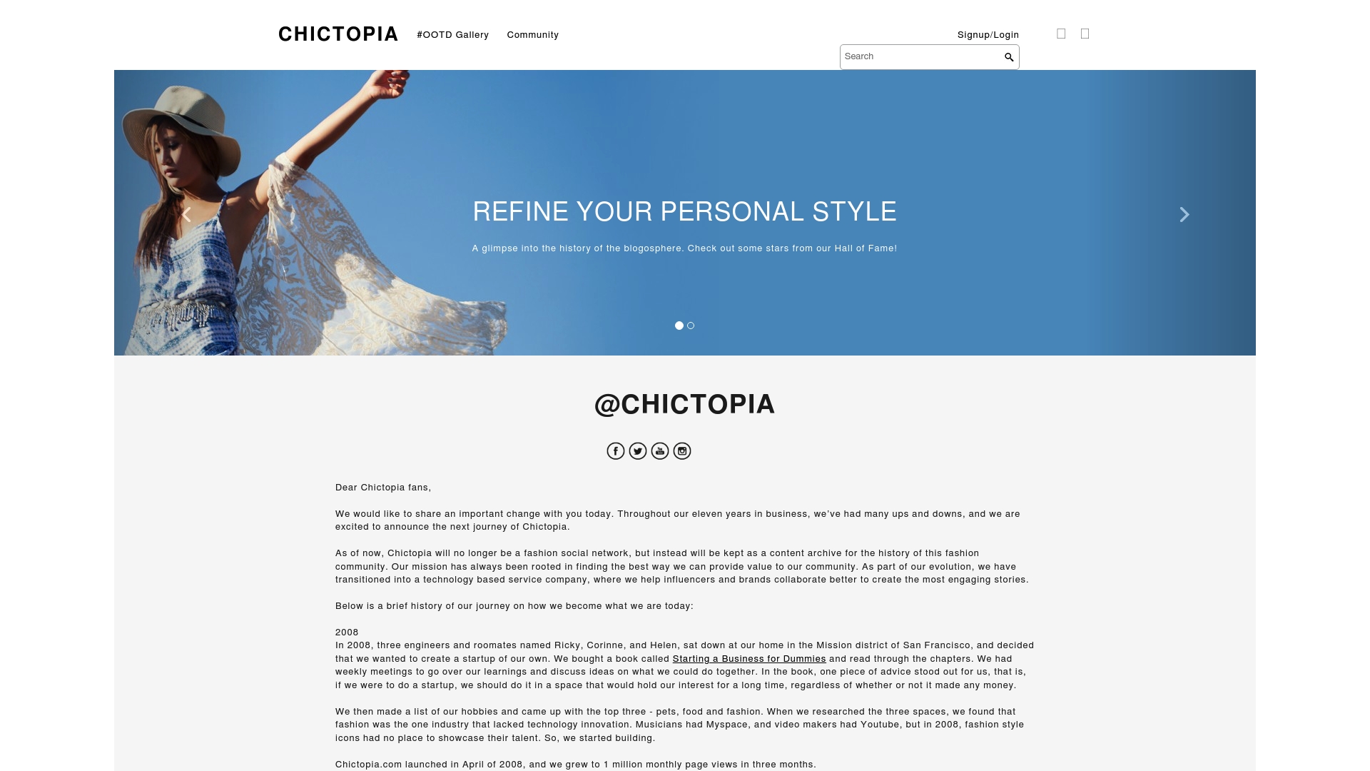 Chictopia homepage with a Refine Your Personal Style banner above a long letter to the site community.