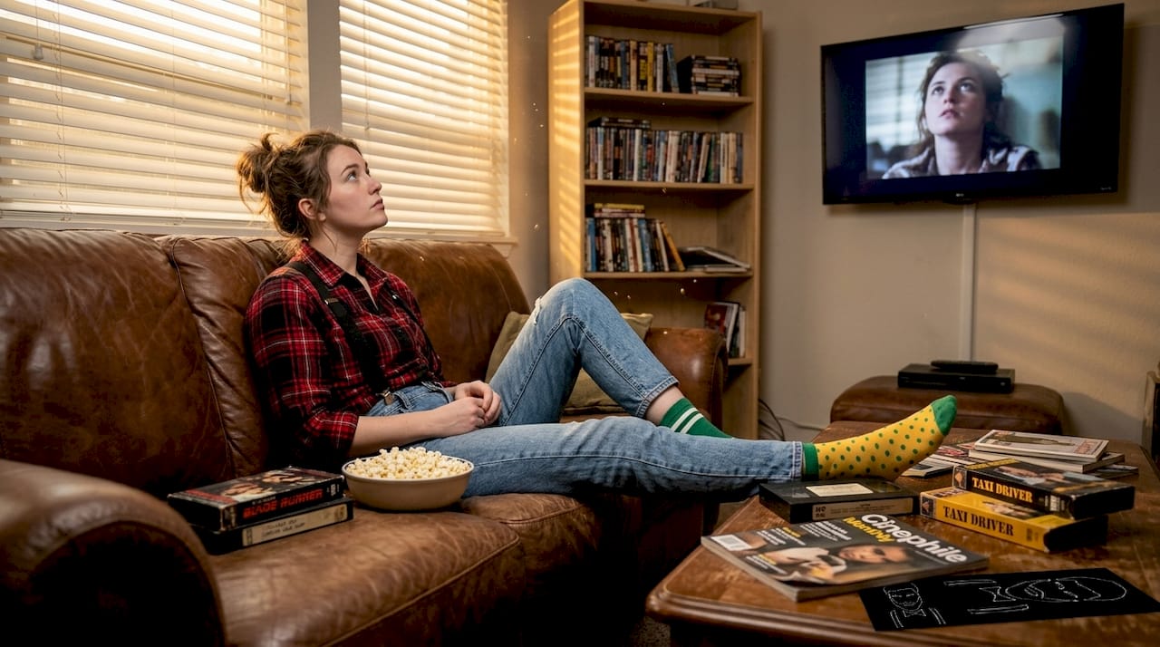 Woman watches cult film in suspenders