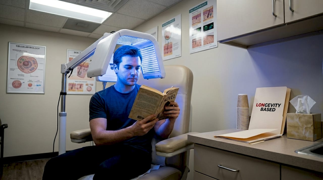 Man during clinical blue light therapy session
