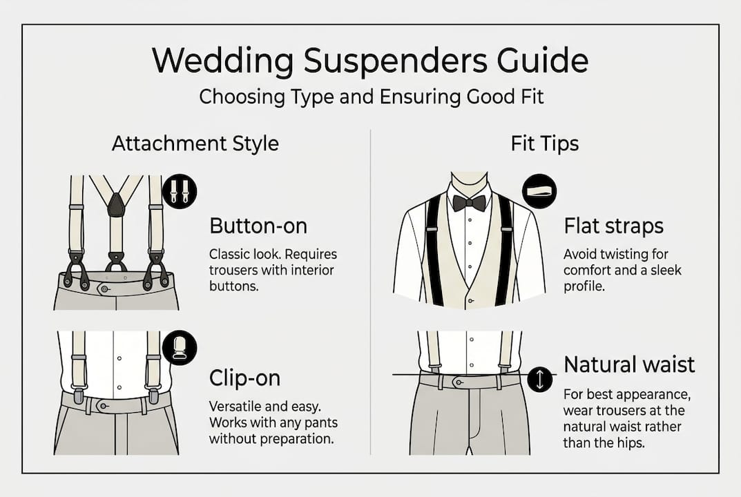 Infographic summarizing suspender types and fitting tips