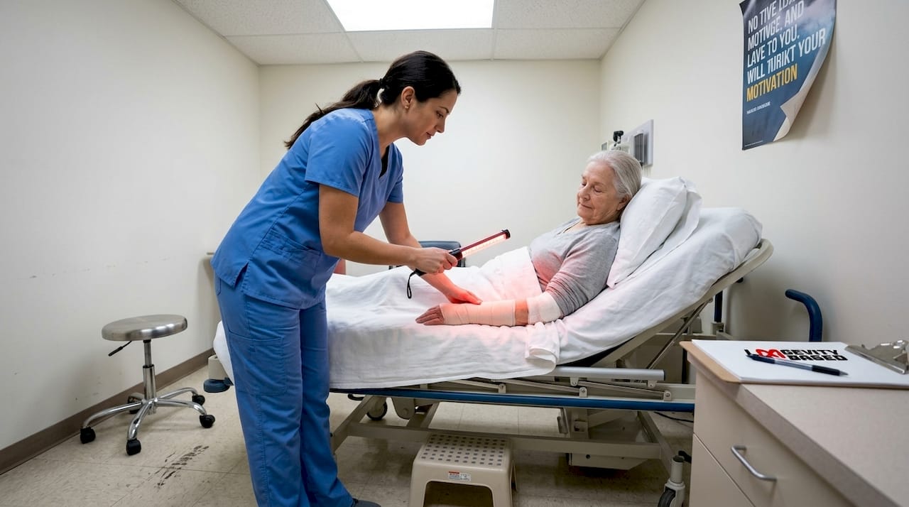 Nurse using red light therapy on patient
