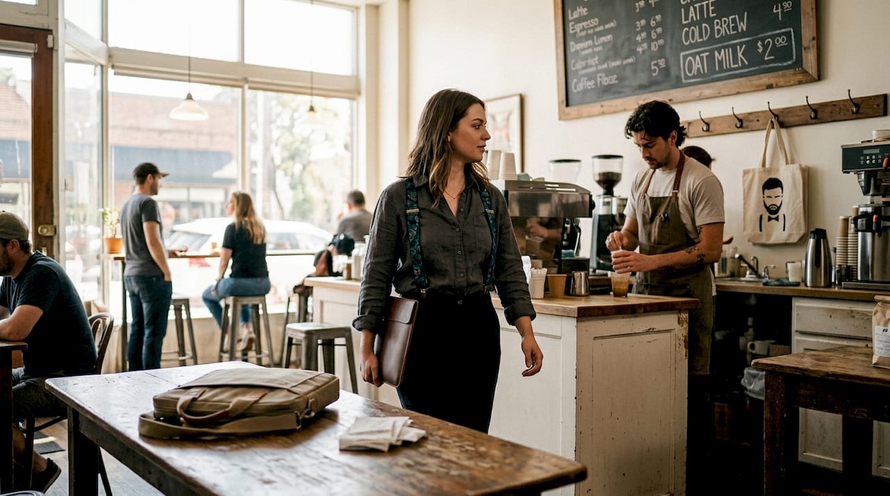 Woman wearing X-back suspenders in café