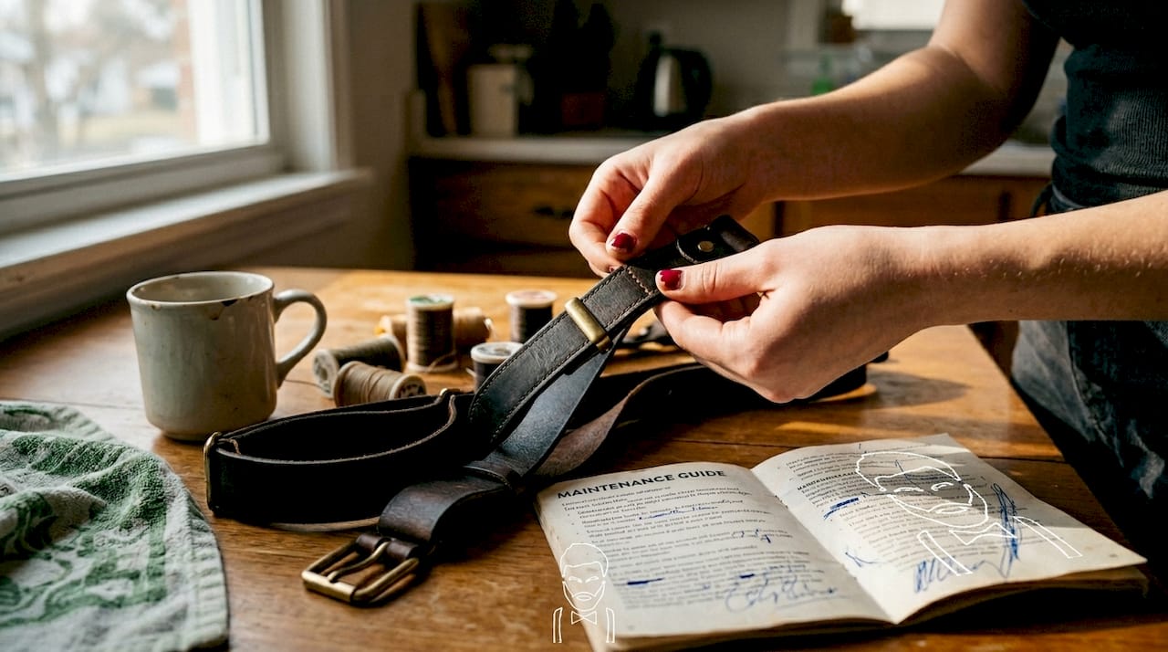 Hands inspect suspender stitching and hardware