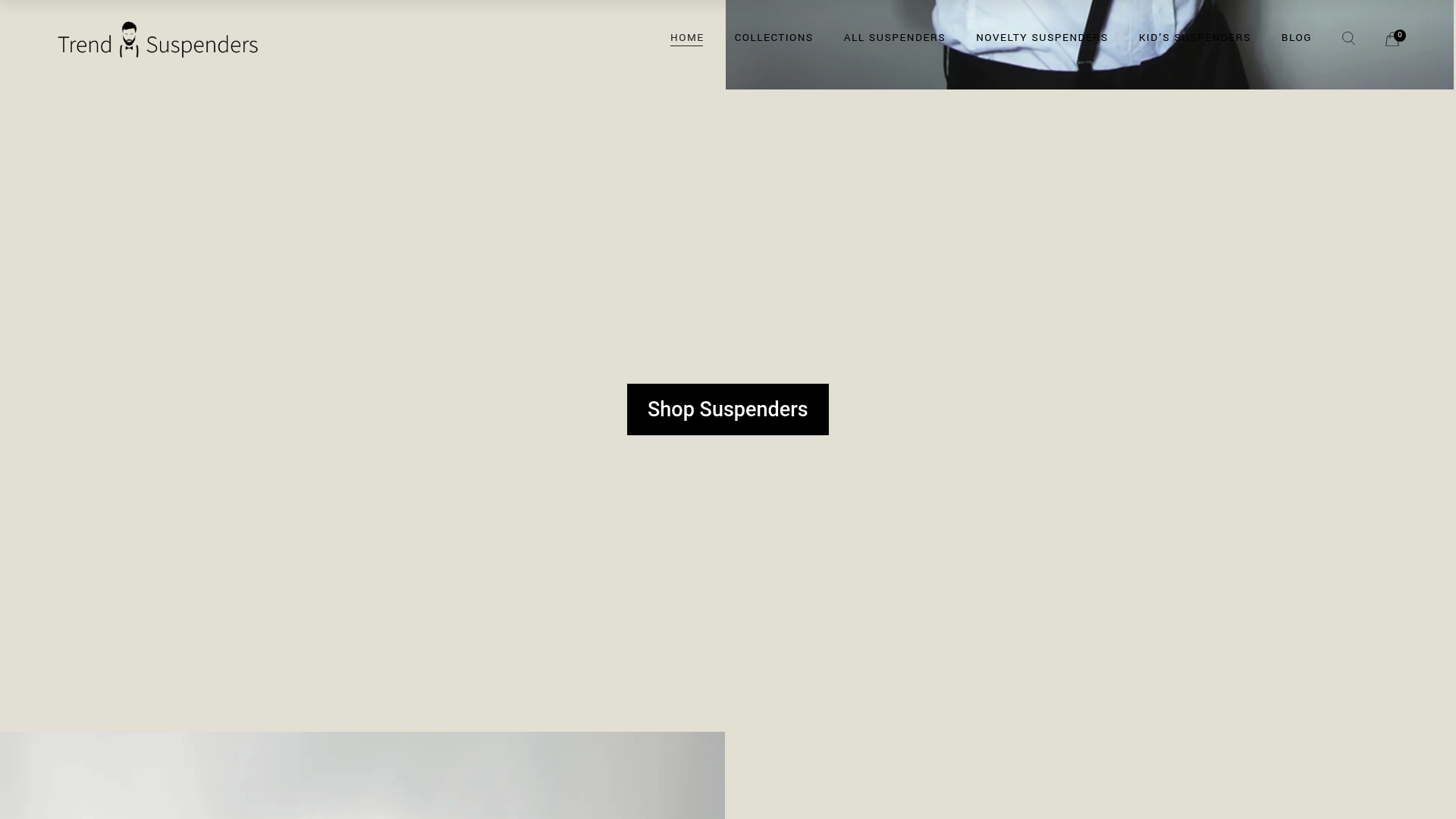 Trend Suspenders homepage showing the main navigation and a Shop Suspenders call to action button.
