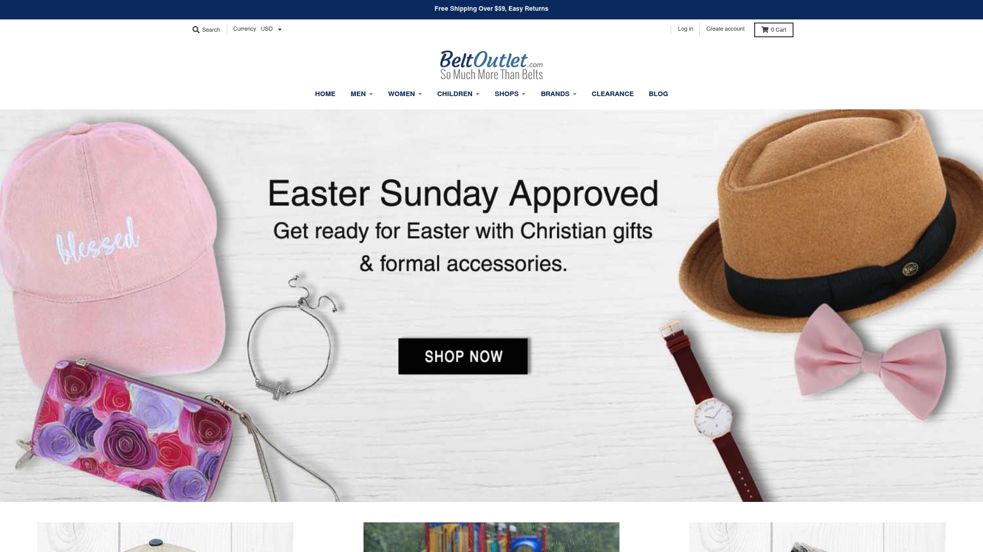 BeltOutlet homepage with an Easter Sunday Approved banner showing a pink cap, tan fedora, bow tie and jewelry beside a Shop Now button.