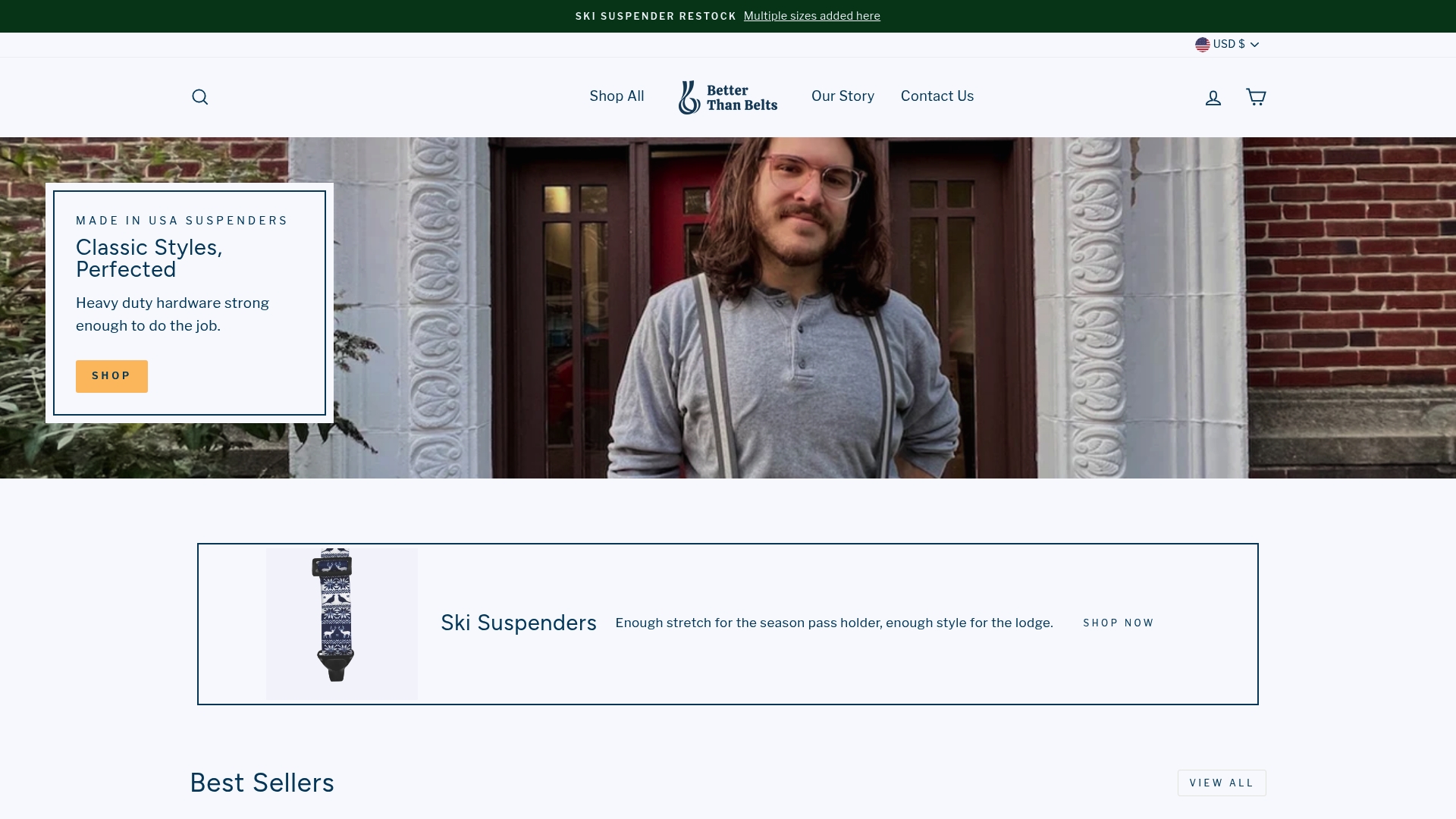 Better Than Belts homepage featuring a man in suspenders beside a Classic Styles, Perfected panel, with a ski suspenders product row below.