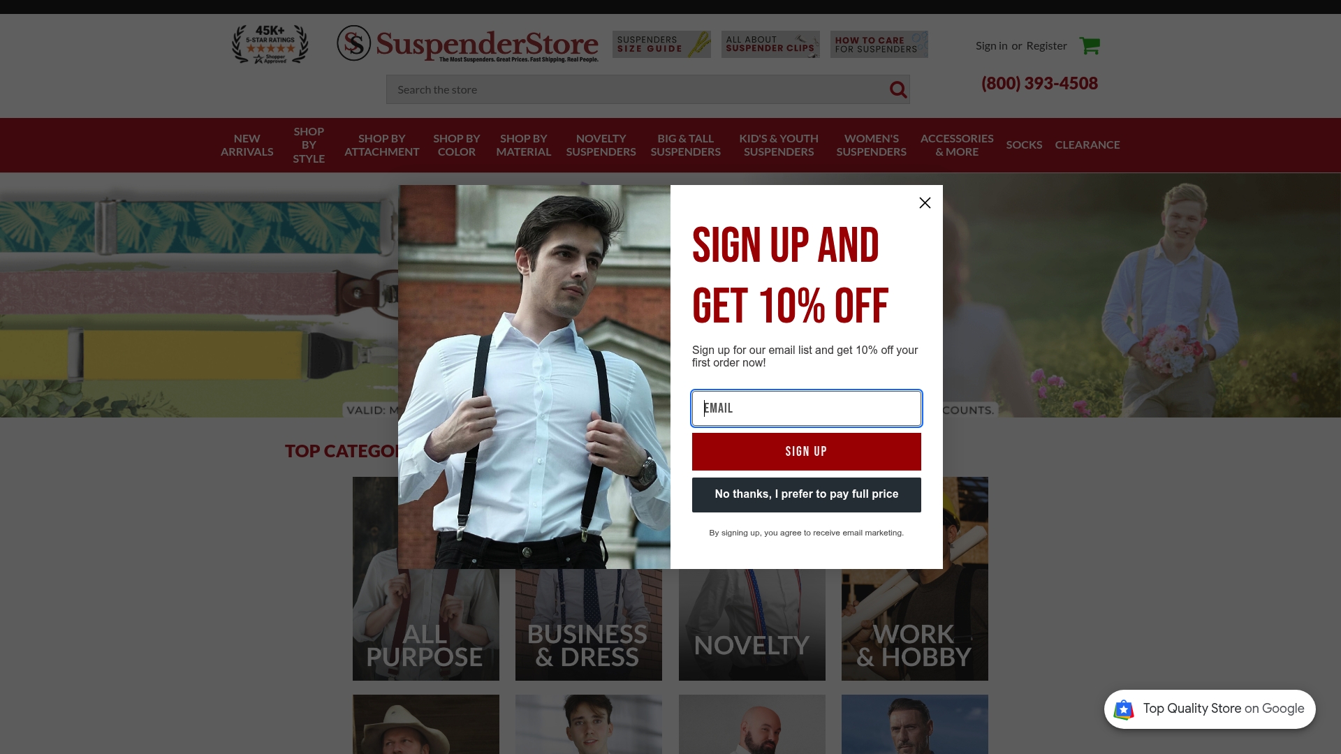 SuspenderStore homepage with a sign up and save ten percent popup over a photo of a man wearing black suspenders, with category tiles below.