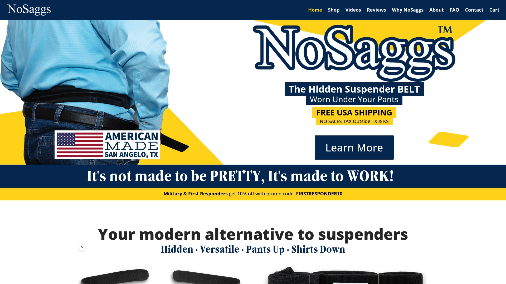 NoSaggs homepage advertising its hidden suspender belt worn under the trousers, with American Made and free USA shipping badges.
