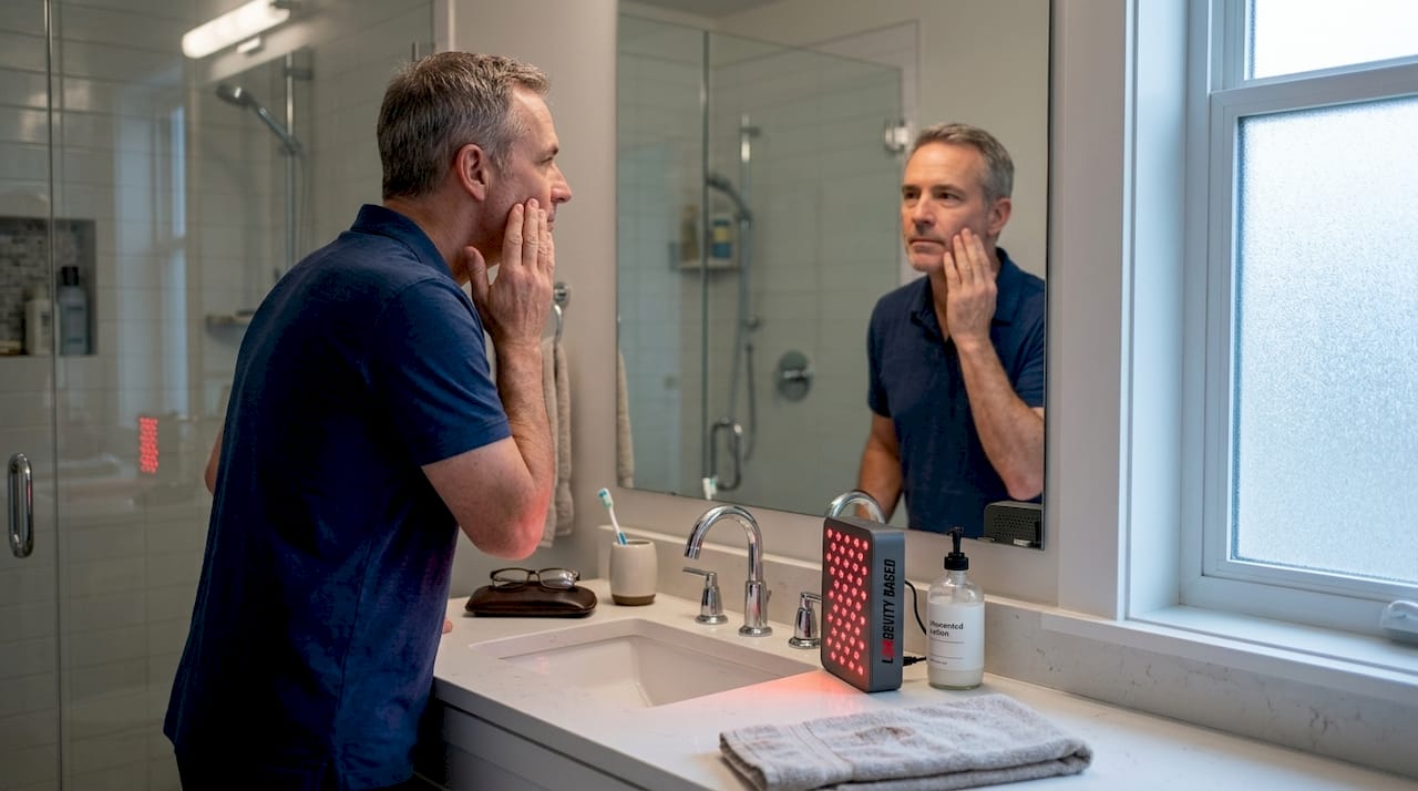 Man using red light therapy for skin