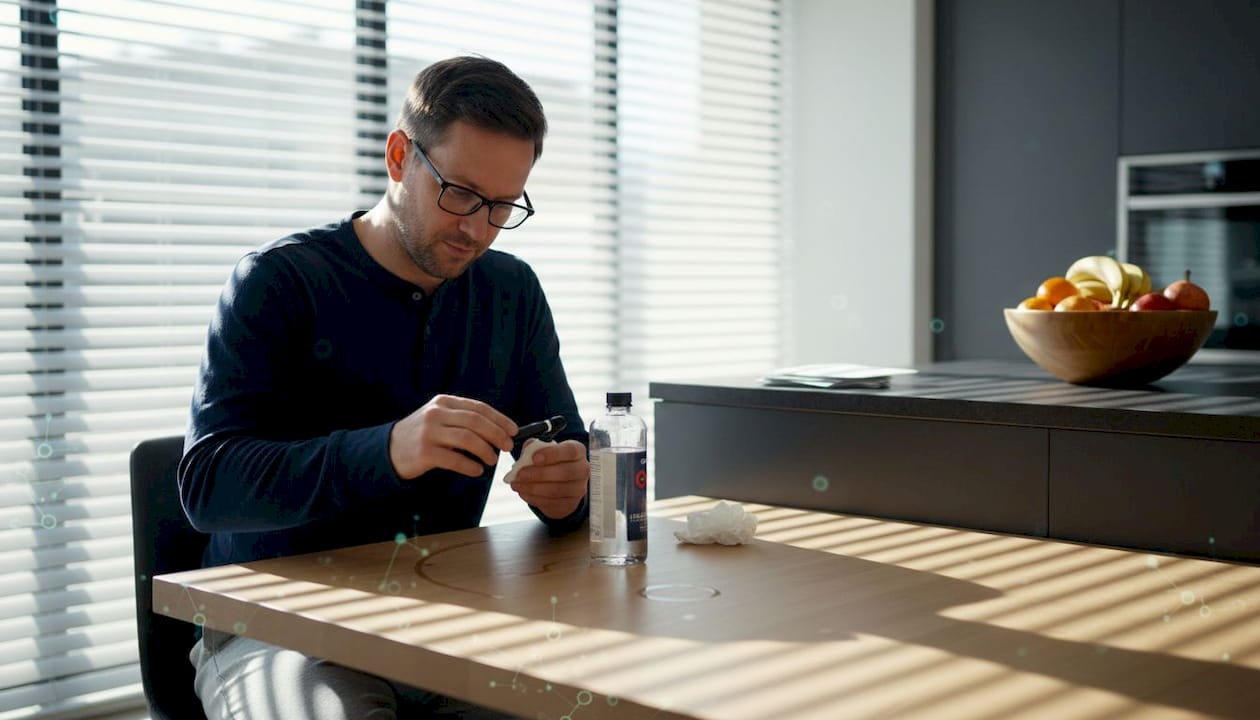 Man sanitizing microneedling device before home use