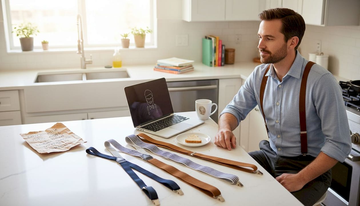 Man comparing skinny, standard, wide suspenders