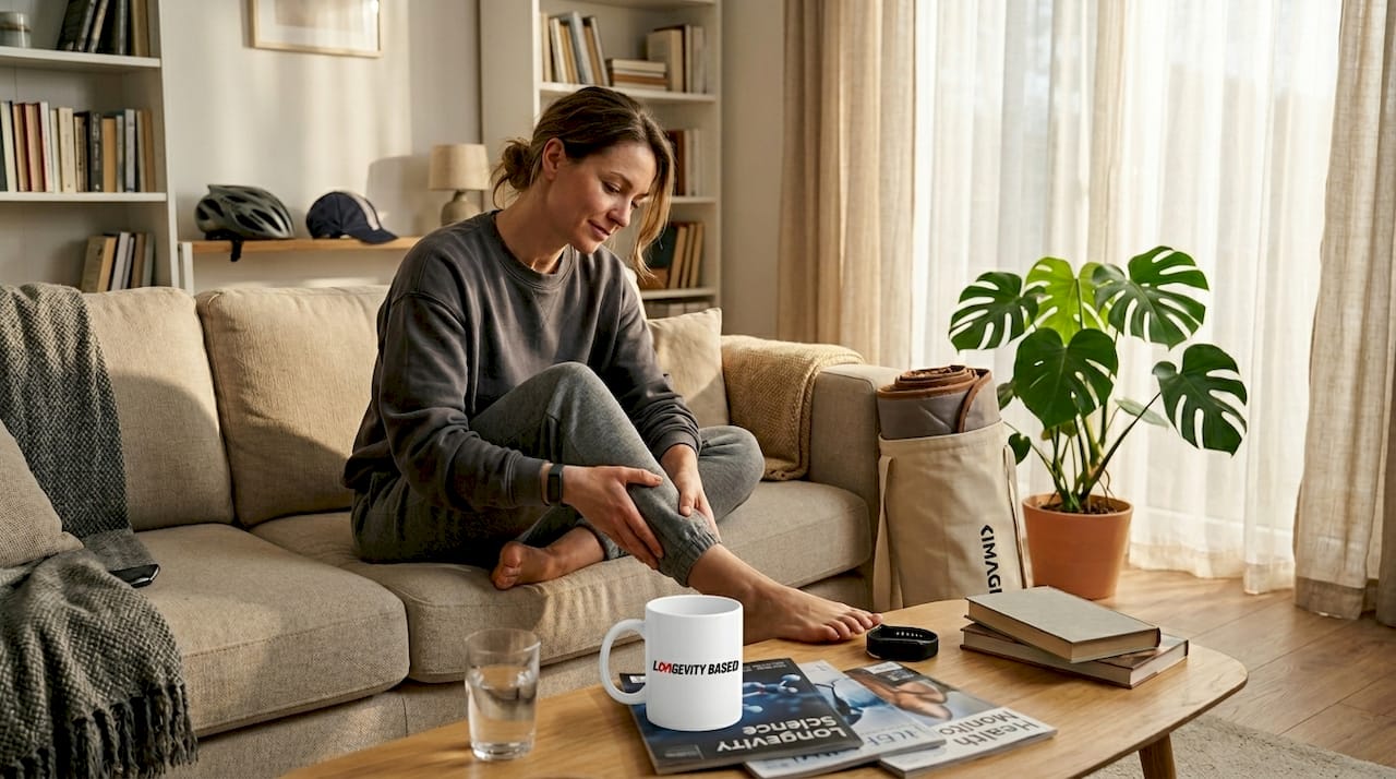 Cyclist massaging leg near sauna blanket