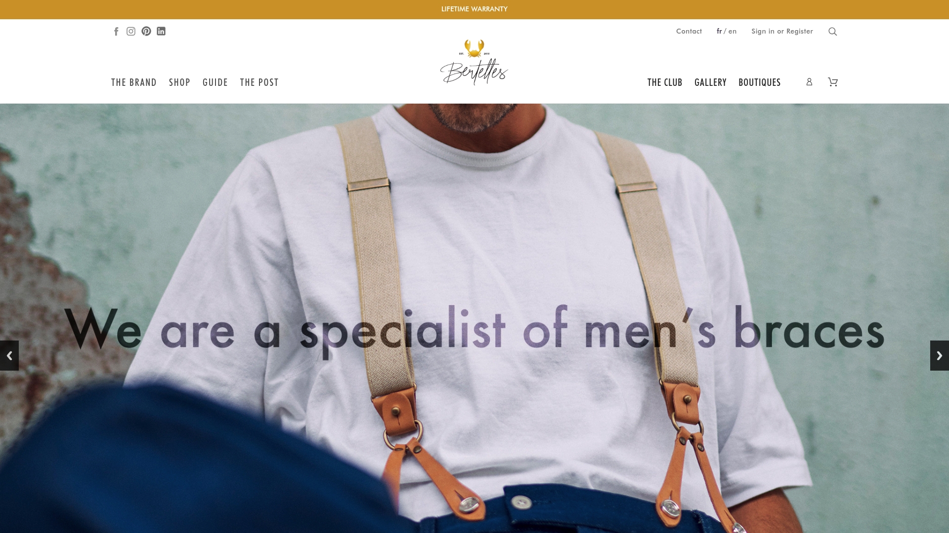 Bertelles homepage with a banner reading We are a specialist of mens braces over a man wearing tan leather braces.