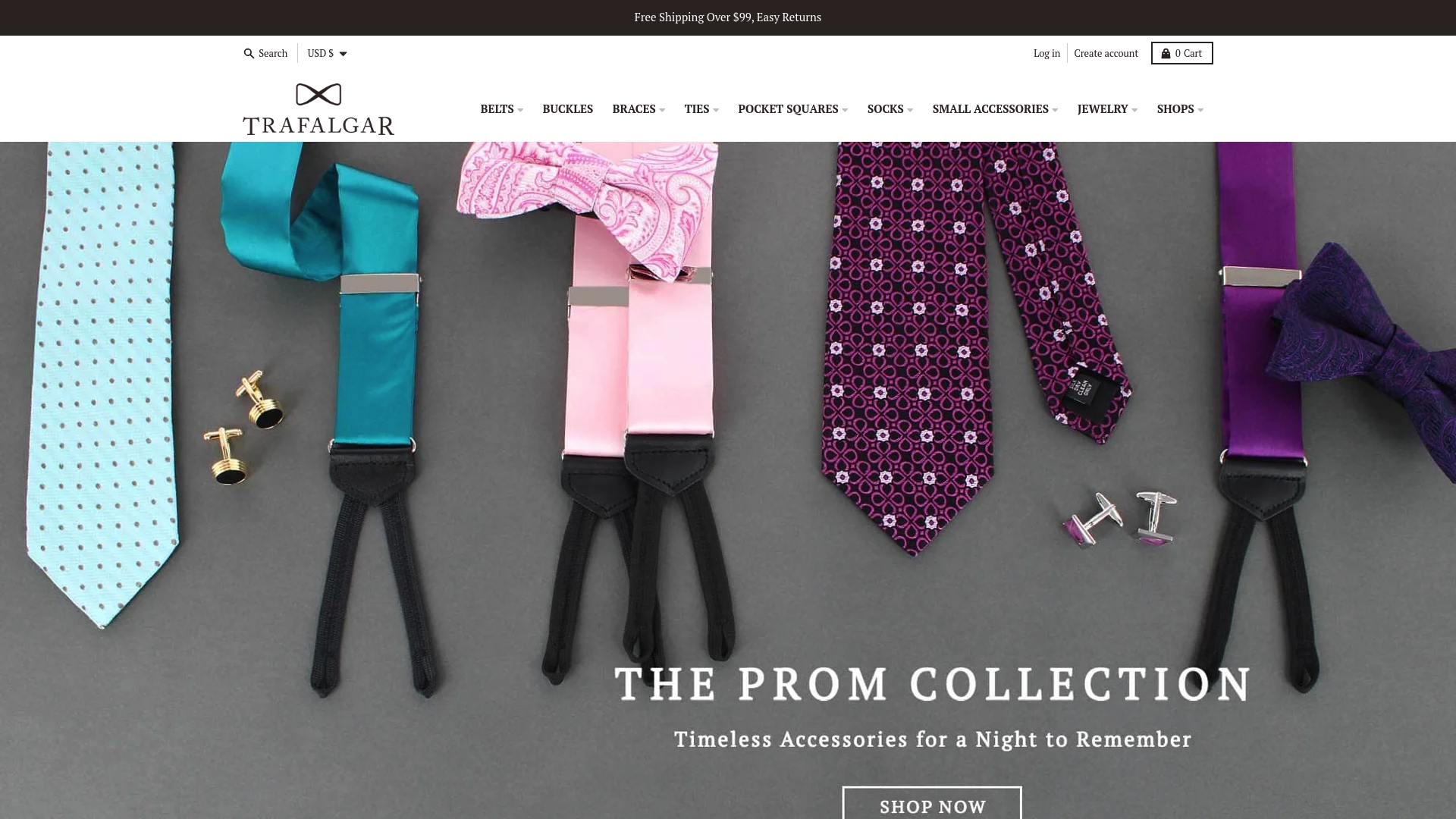 Trafalgar Store homepage showing The Prom Collection, with ties, bow ties, braces and cufflinks laid out on a gray background.