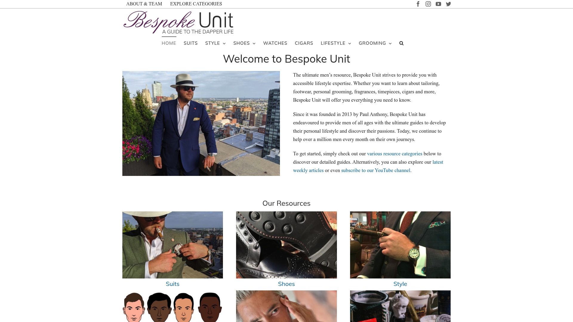 Bespoke Unit homepage with a Welcome to Bespoke Unit introduction beside a grid of resource tiles for suits, shoes and style.