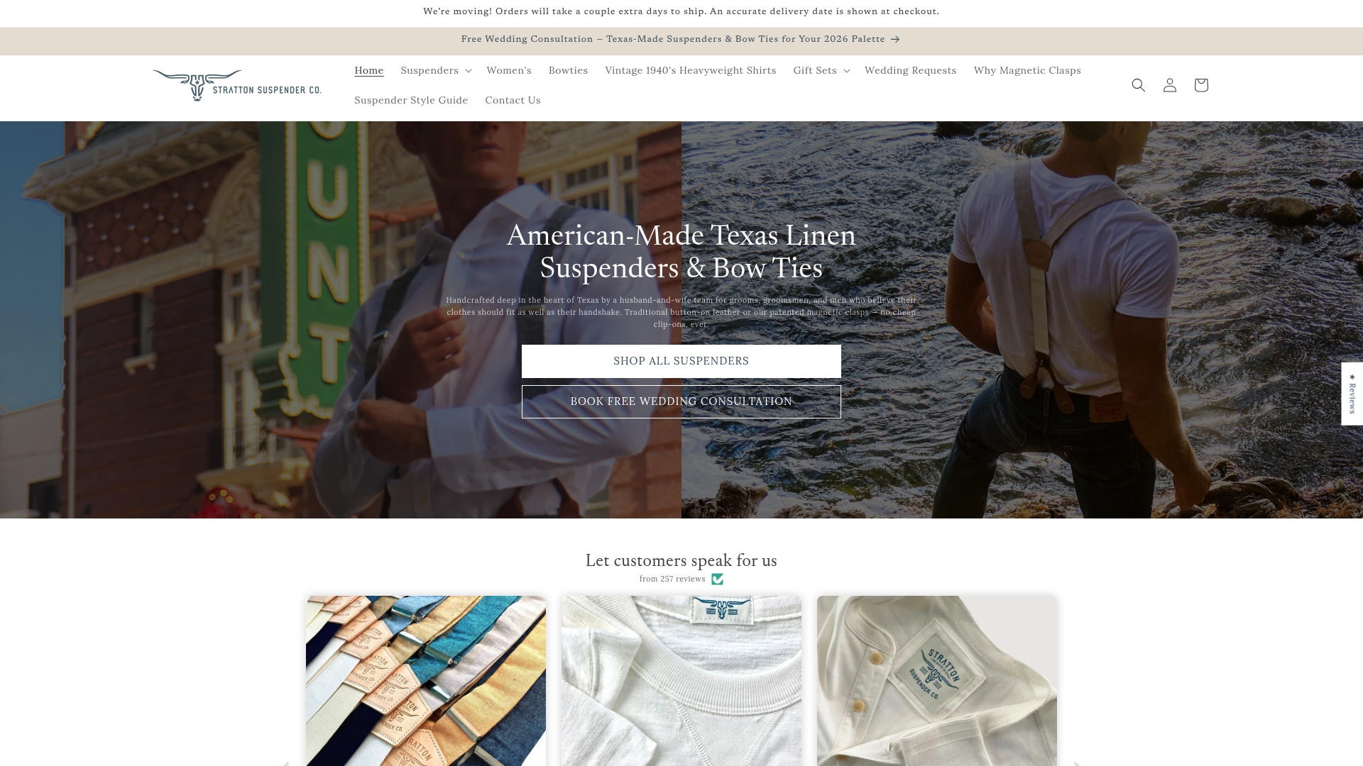Stratton Suspender Co. homepage advertising American made Texas linen suspenders and bow ties, with customer photos below.
