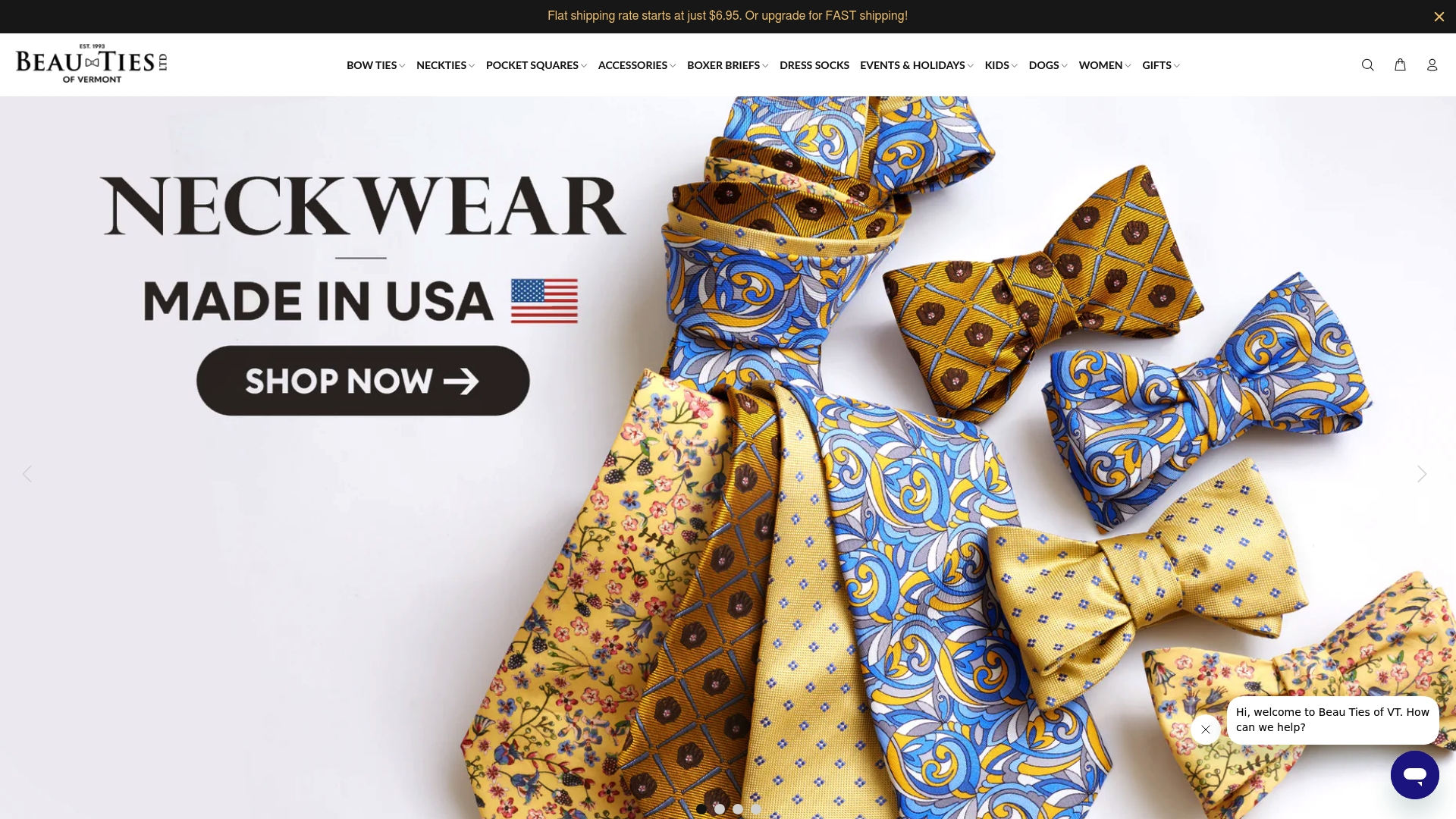 Beau Ties Ltd homepage with a Neckwear, Made in USA banner over an arrangement of patterned ties and bow ties.