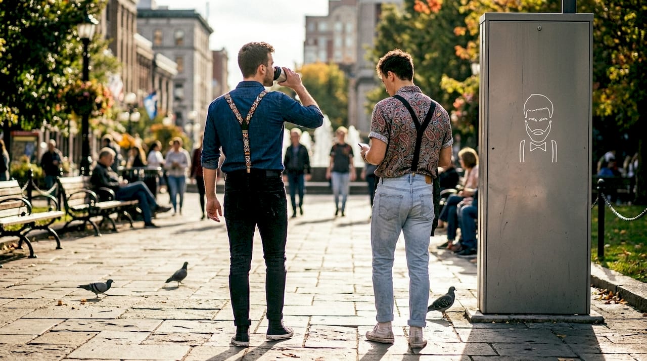 Friends with patterned suspenders in city park
