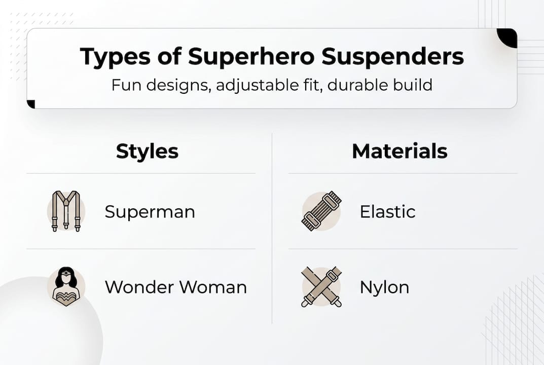 Infographic showing superhero suspenders styles and materials