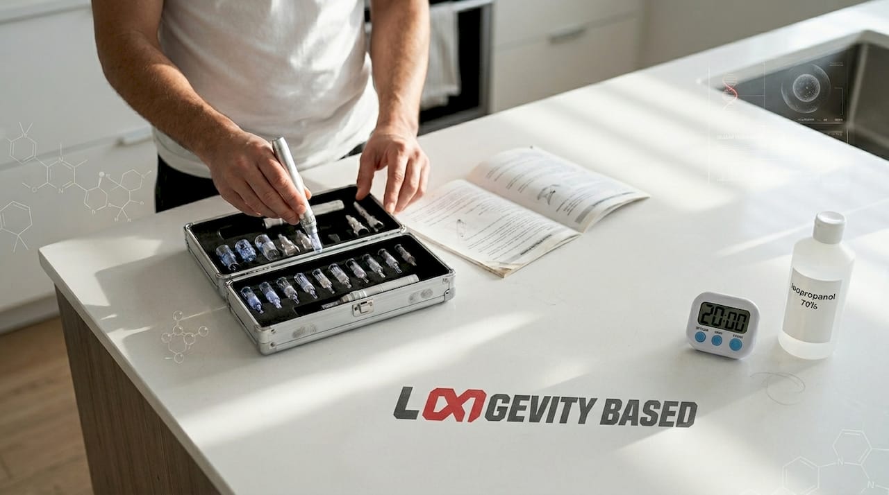 Hands choosing microneedling needle head beside instructions