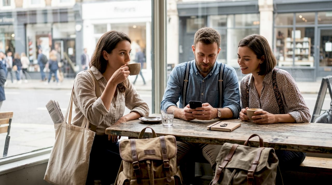Group wearing varied suspenders at café table