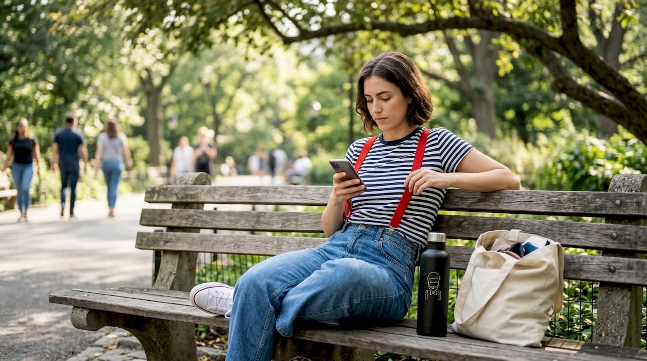Woman wearing red suspenders with jeans outdoors