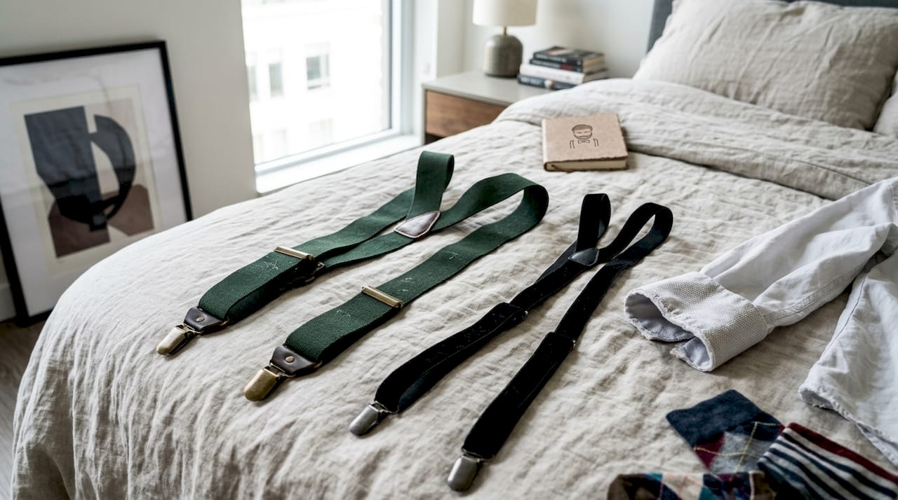 Suspenders with different strap widths on bed
