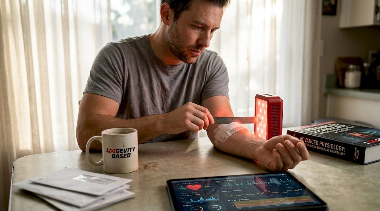 Man measures red light device distance to arm