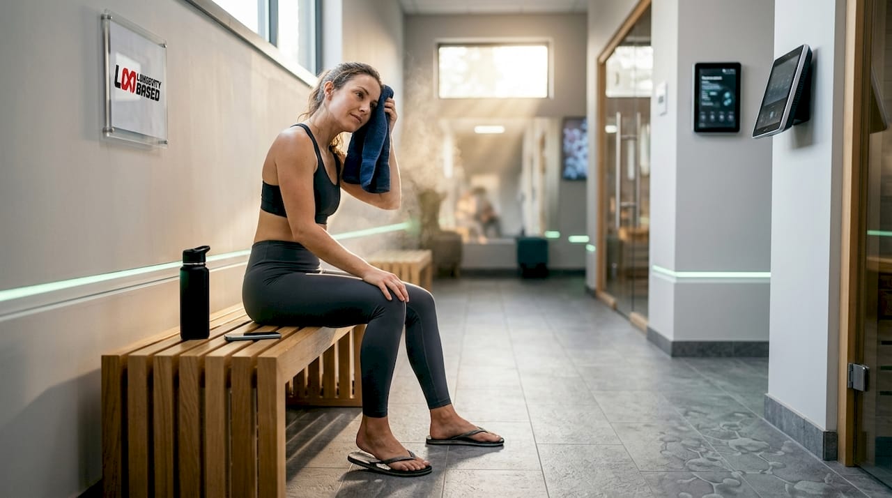Woman cooling down after sauna session
