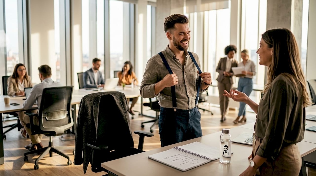 Professional adjusting elastic suspenders in office