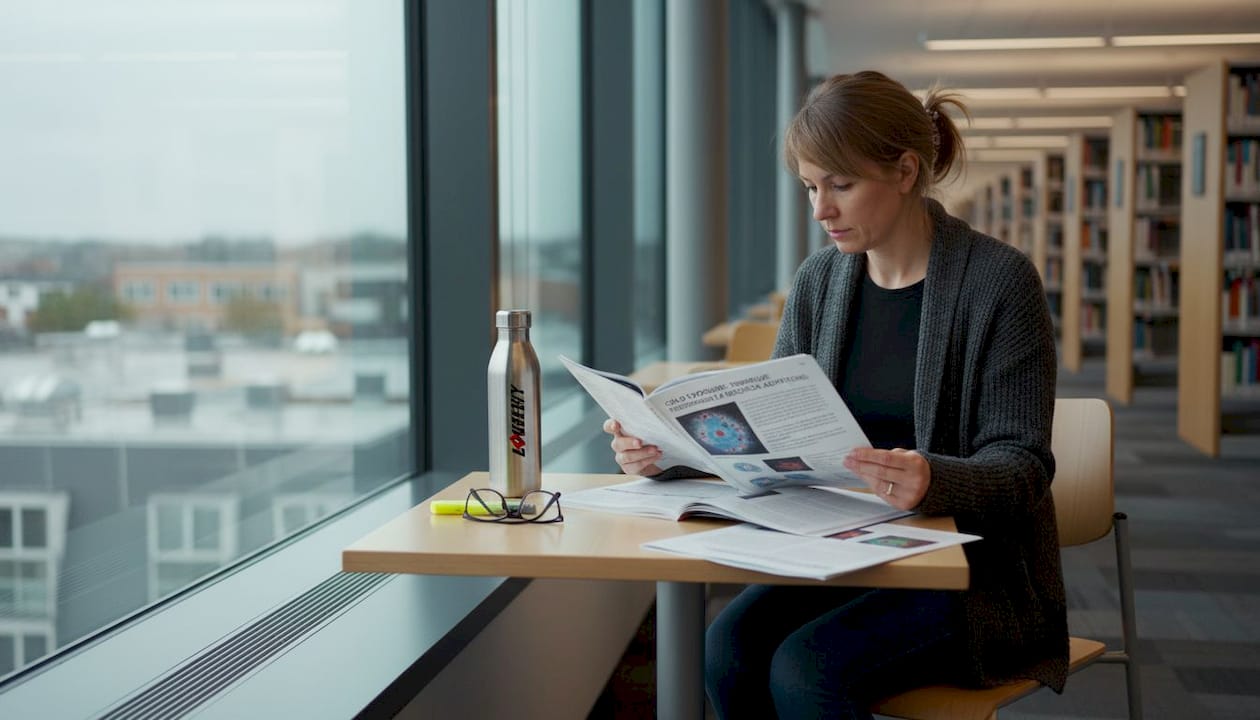 Woman reading cold exposure study in library