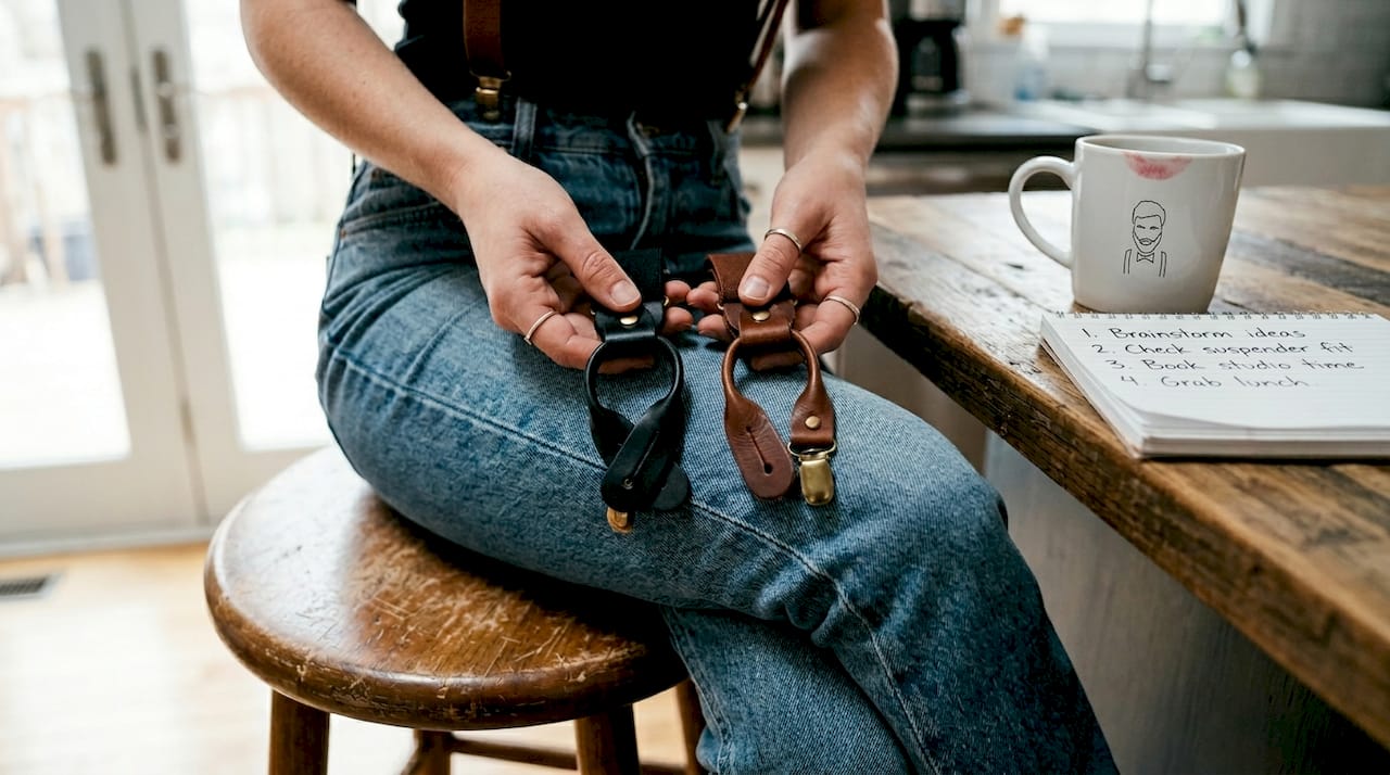 Hands holding leather suspender button ends