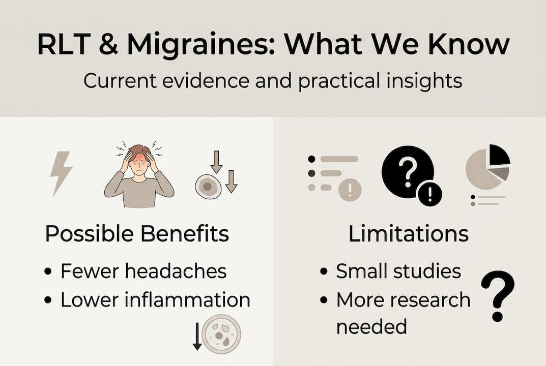 Infographic red light therapy migraine benefits and limitations