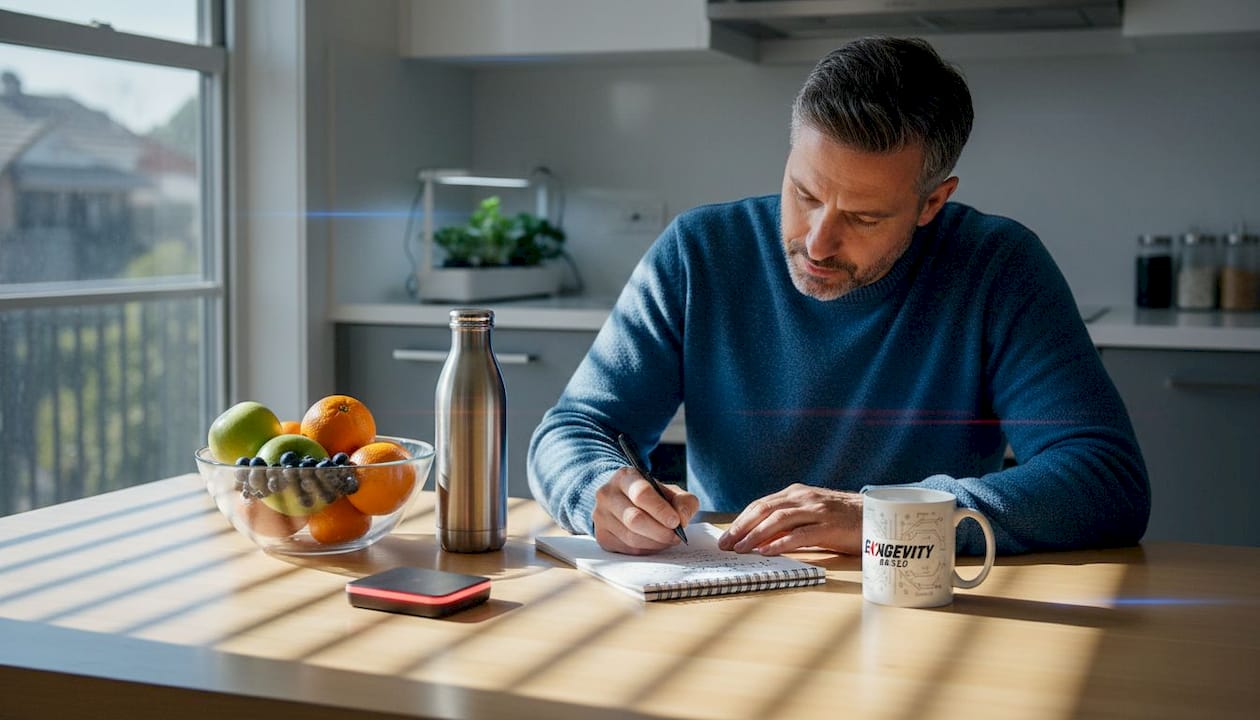 Man writing notes with red light therapy device on table