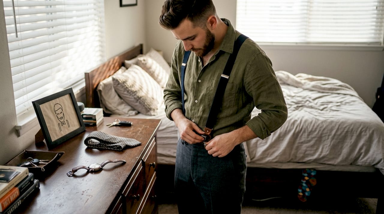 Person attaching X-back suspenders to pants