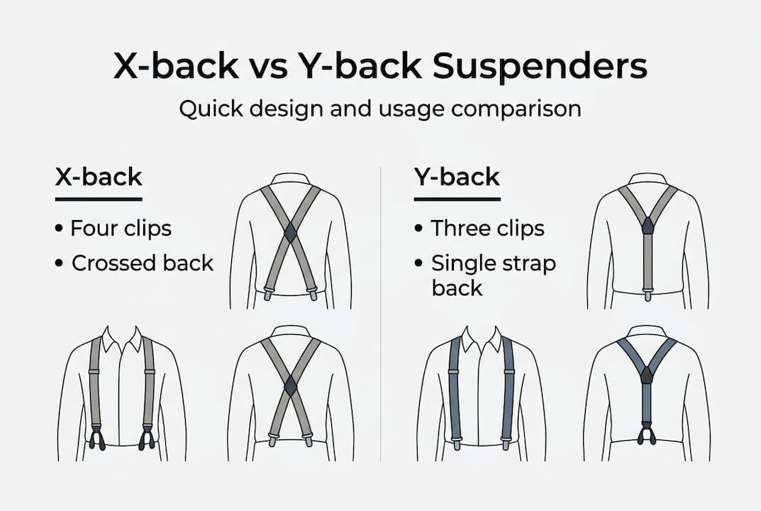 Infographic comparing X-back and Y-back suspenders
