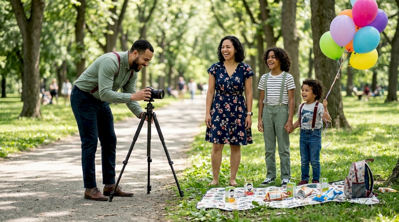 Family with coordinated suspenders posing outdoors