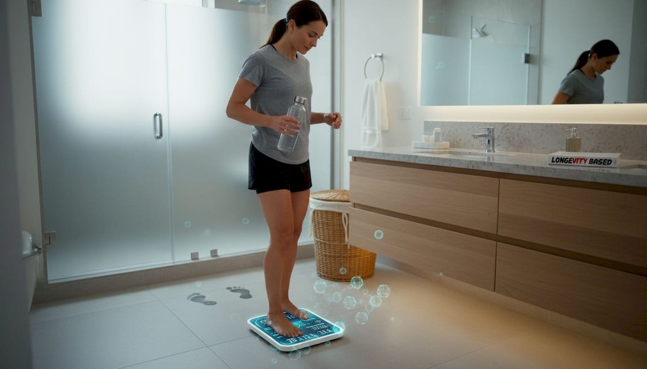 Woman checks weight on scale post sauna