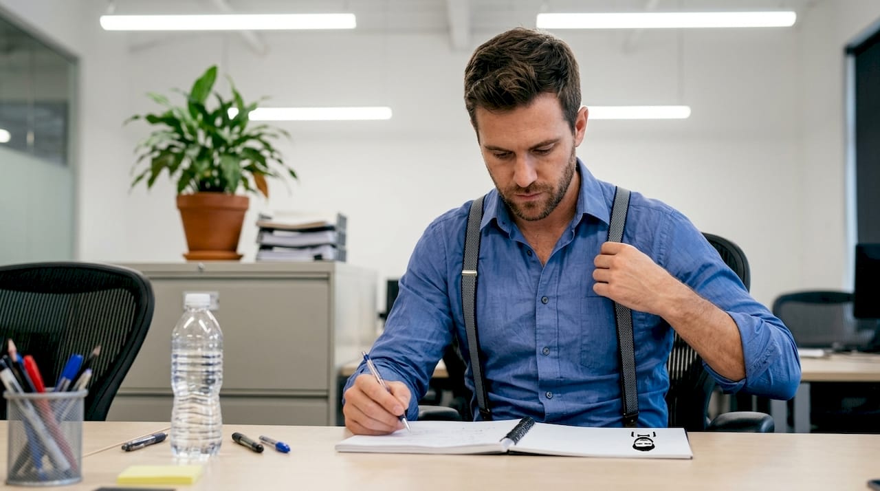 Man adjusting button suspenders at office desk
