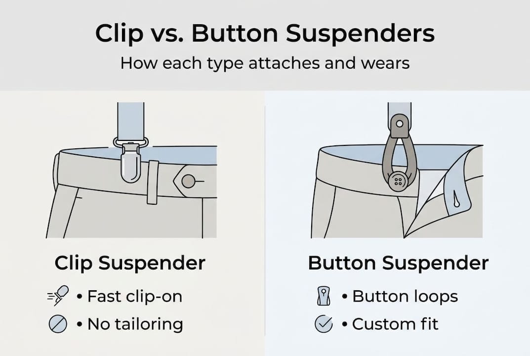 Infographic comparing clip and button suspenders