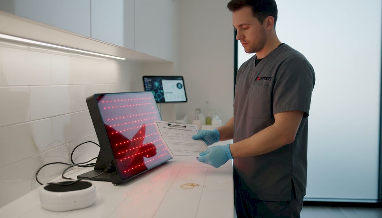 Technician inspecting red light panel for safety